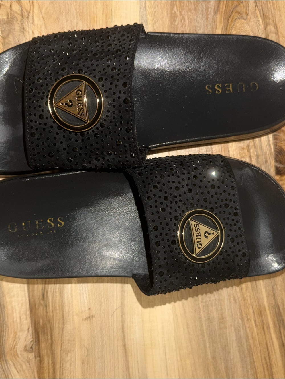 GUESS Black Slides with Gold Triangle Logo
